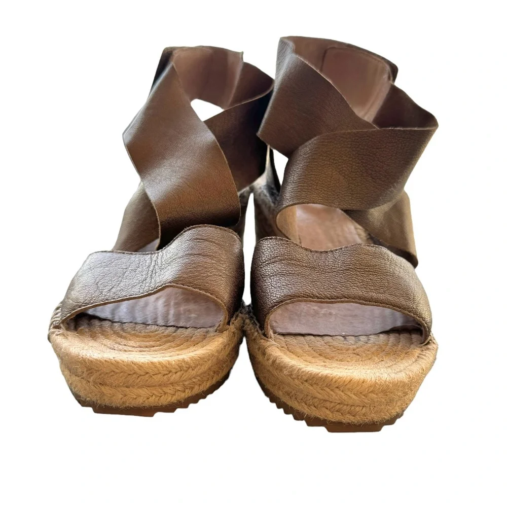 Eileen Fisher Willow Metallic Sandals Brown Tumbled Leather Wedge Espadrille